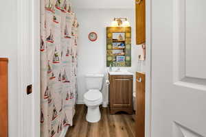Bathroom featuring vanity, a shower with curtain, and dark wood finished floors