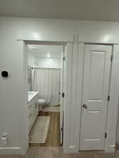 Full bath with a shower with shower curtain, vanity, and light wood-style flooring