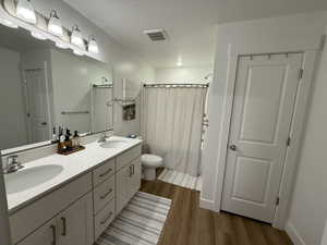 Full bath with double vanity, dark wood-style flooring, a textured ceiling, and a closet