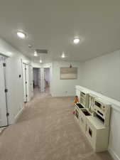 Basement with a textured ceiling and light colored carpet