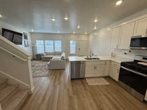 Kitchen featuring stainless steel appliances, open floor plan, a peninsula, white cabinetry, and dark wood-style floors