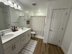 Bathroom with double vanity and dark wood-type flooring