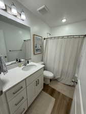 Full bathroom featuring vanity and dark wood-style floors
