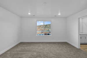 Unfurnished room featuring light colored carpet and recessed lighting