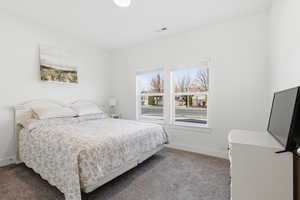 Bedroom two with baseboards and light colored carpet