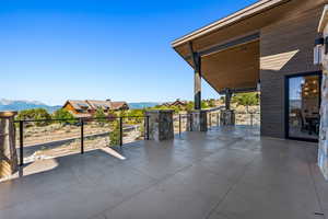 View of patio / terrace featuring a mountain view