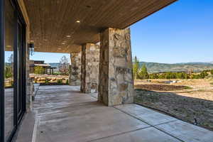 View of patio featuring a mountain view