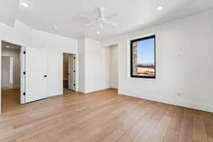 Unfurnished bedroom featuring recessed lighting, light wood-style floors, and a ceiling fan