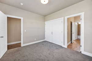 Unfurnished bedroom featuring carpet floors and a closet