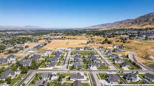 Aerial perspective of suburban area with mountains