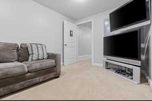 Living room featuring light carpet and baseboards