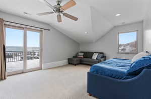 Carpeted bedroom featuring lofted ceiling, recessed lighting, access to outside, and a ceiling fan