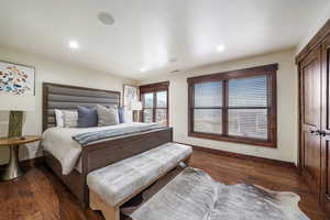 Bedroom featuring dark wood finished floors, recessed lighting, and a closet