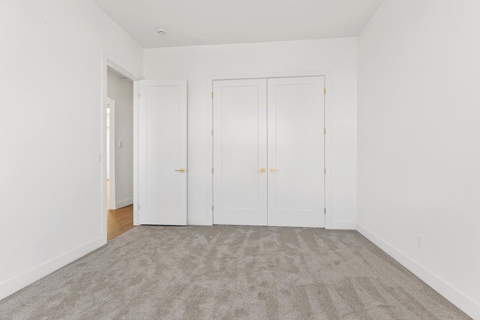 Unfurnished bedroom featuring light colored carpet and a closet