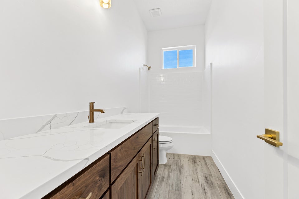 Bathroom with vanity, light wood-style floors, and bathing tub / shower combination