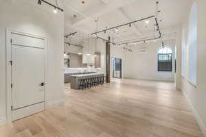 Living area with rail lighting, light wood-style floors, and a high ceiling
