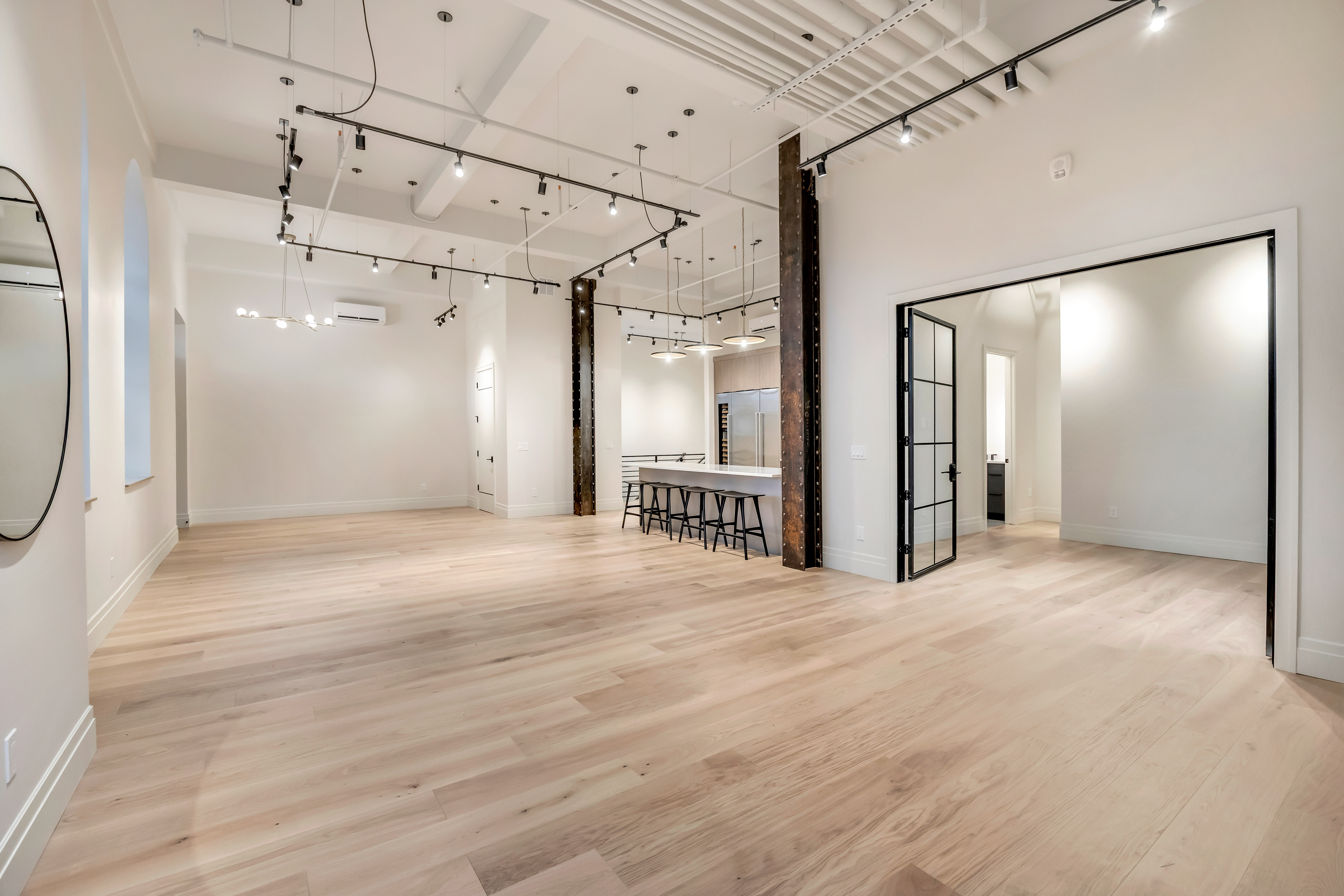Unfurnished room featuring rail lighting, a high ceiling, and light wood-style floors