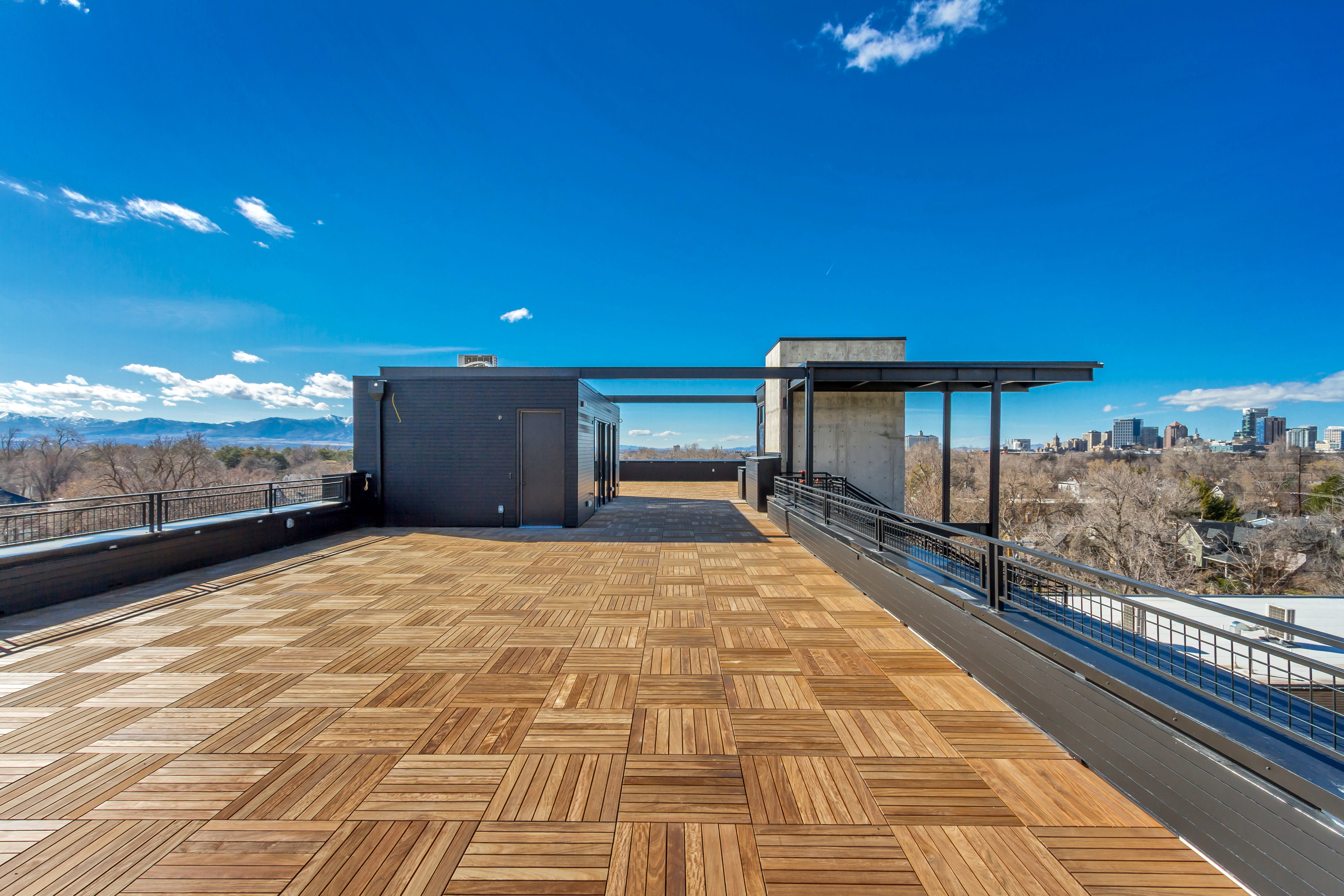 View of patio with a view of skyline and a mountain view