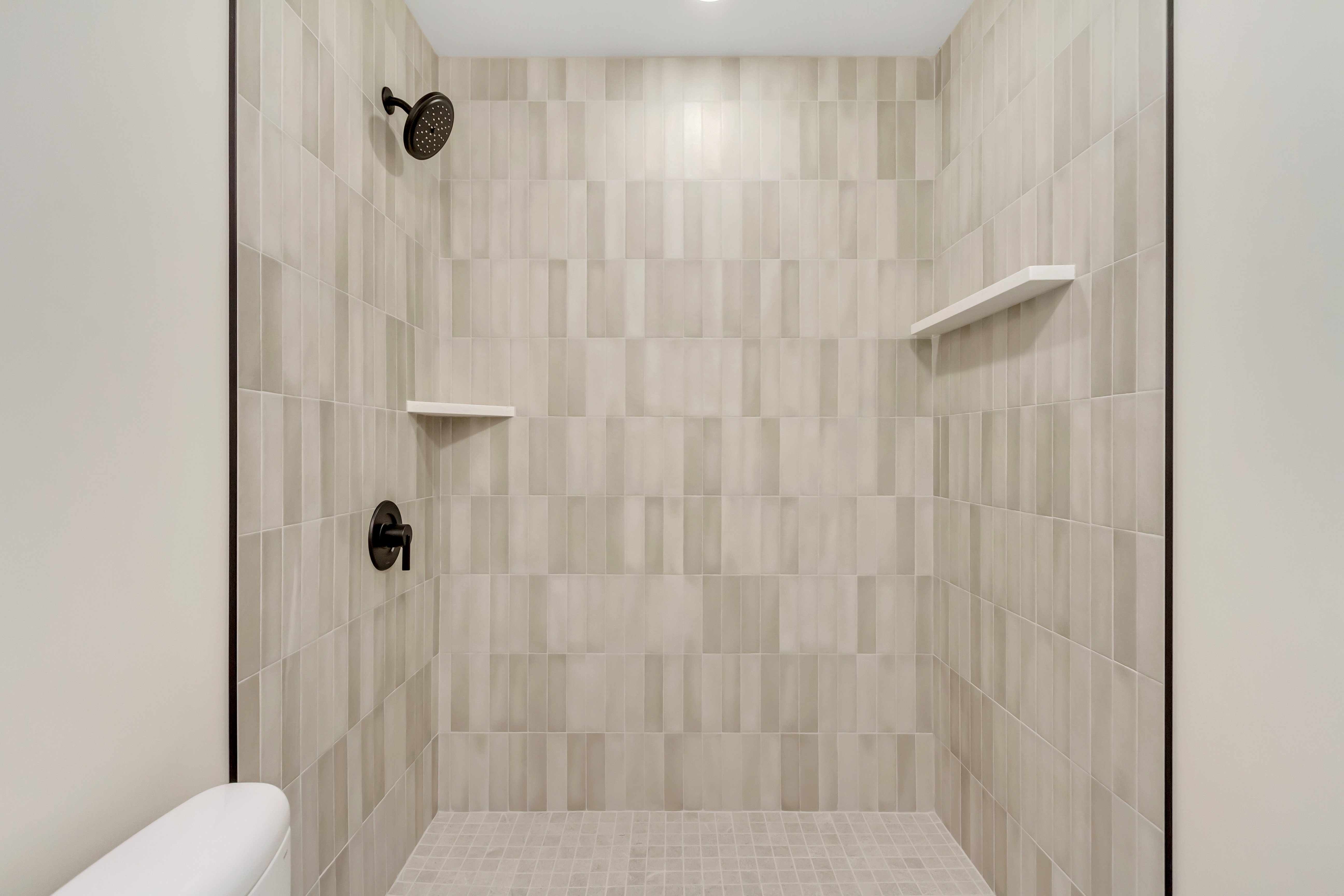Full bathroom with toilet and a tile shower
