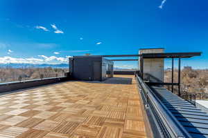 View of patio with a mountain view