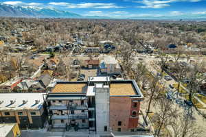 Aerial perspective of suburban area with mountains