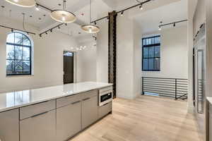 Kitchen with track lighting, healthy amount of natural light, light wood-style floors, stainless steel appliances, and modern cabinets