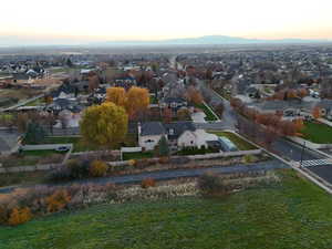 Aerial view of residential area featuring mountains