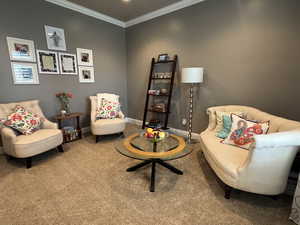 Living area with carpet and crown molding