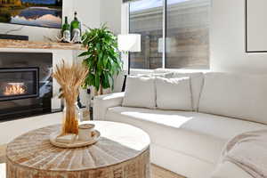 Living room featuring a glass covered fireplace