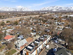 Aerial perspective of suburban area featuring mountains