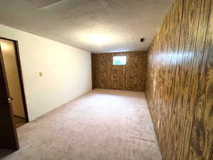 Empty room featuring wooden walls, a textured ceiling, and light colored carpet