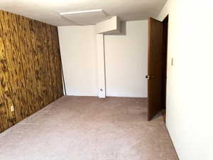 Spare room with carpet and wooden walls