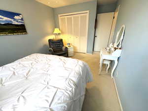 Bedroom with light colored carpet and a closet