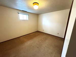 Carpeted empty room with a textured ceiling