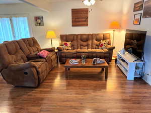 Living room featuring wood-type flooring and ceiling fan