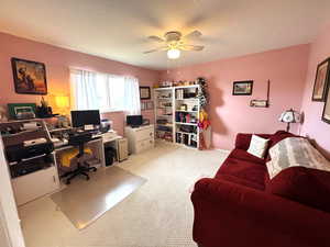 Office area with carpet flooring, ceiling fan, and a textured ceiling