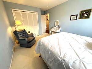Bedroom with light colored carpet and a closet