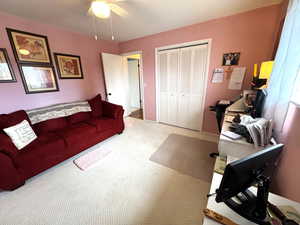 Office with light colored carpet
