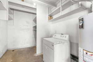 Laundry room outside featuring dryer and water heater.