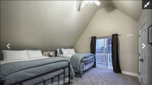 Bedroom with light carpet, access to outside, and a ceiling fan