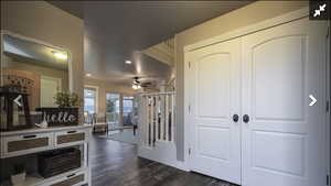 Hall featuring recessed lighting and dark wood-type flooring