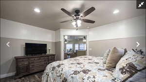 Bedroom featuring dark wood-style floors, ceiling fan, and recessed lighting