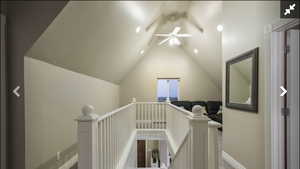 Staircase with baseboards and ceiling fan