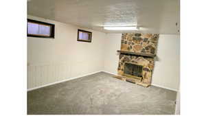 Unfurnished basement living room featuring a wainscoted wall, a textured ceiling, a stone fireplace, carpet, and wood walls