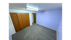 Unfurnished bedroom with carpet, a textured ceiling, and a closet