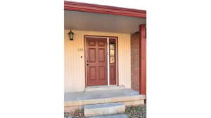 Doorway to property featuring brick and wood exterior, cement steps, light fixture, cement steps
