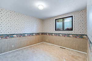 Carpeted empty room featuring wallpapered walls, a textured ceiling, and wainscoting
