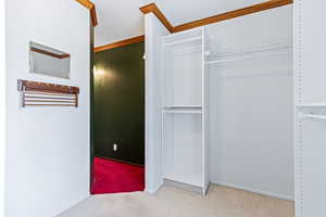 Walk in closet featuring light colored carpet