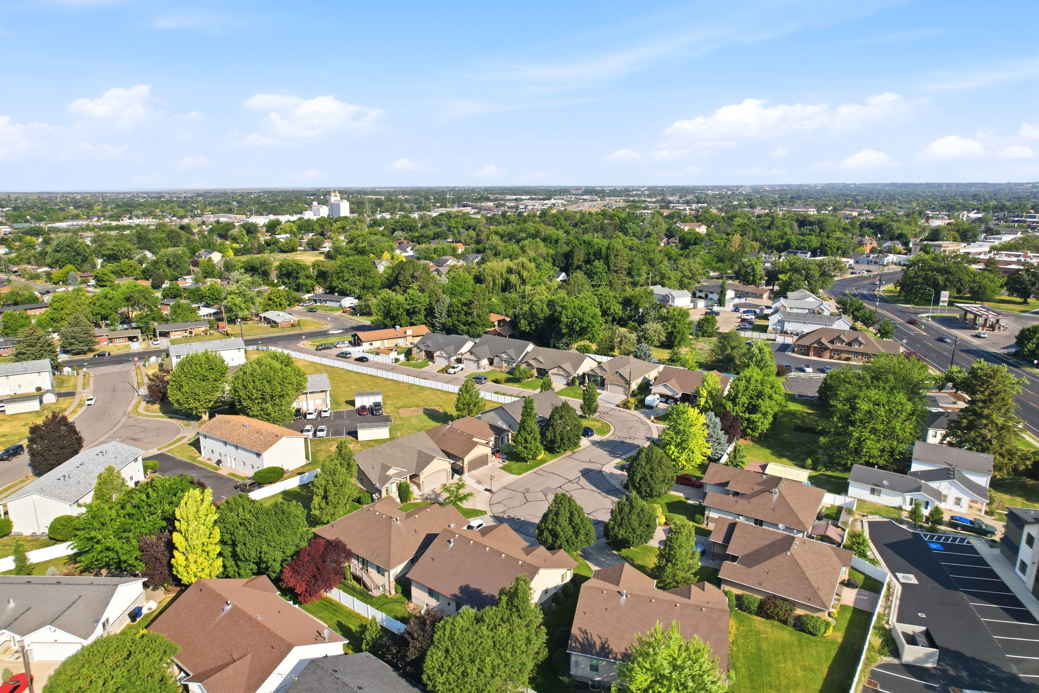 Expansive aerial view showcasing a residential area with varied housing styles and mature trees