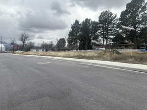View of asphalt road with sidewalks, curbs, and traffic signs